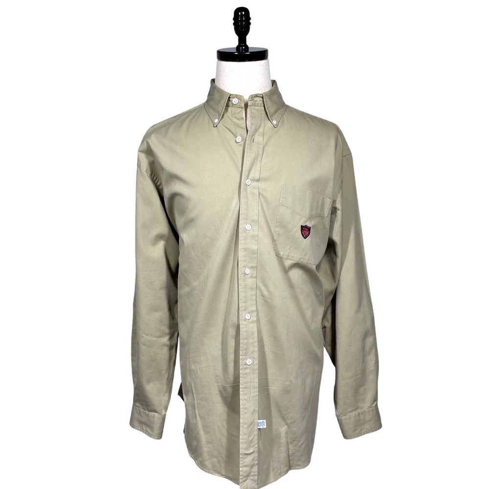 ⁠Vintage Polo Ralph Lauren Shirt Men XL Beige Shield Crest Pocket Cut Tag Defect